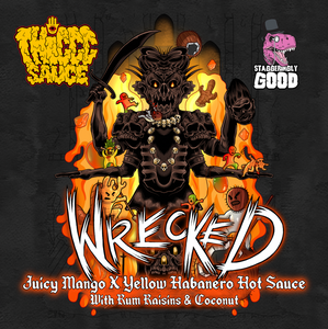 WRECKED Juicy Mango x Yellow Habanero Hot Sauce with Rum Raisins & Coconut (Staggeringly Good Collab) *WHOLESALE*